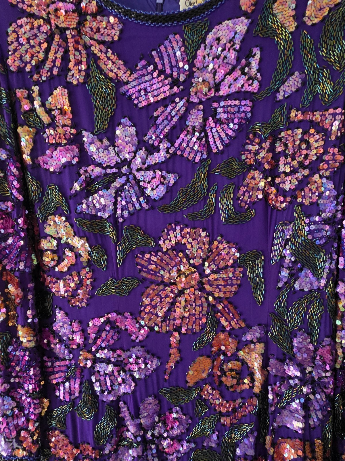 Vintage Oleg Cassini Silk Beaded Sequin Floral Evening Dress Purple Sz 14