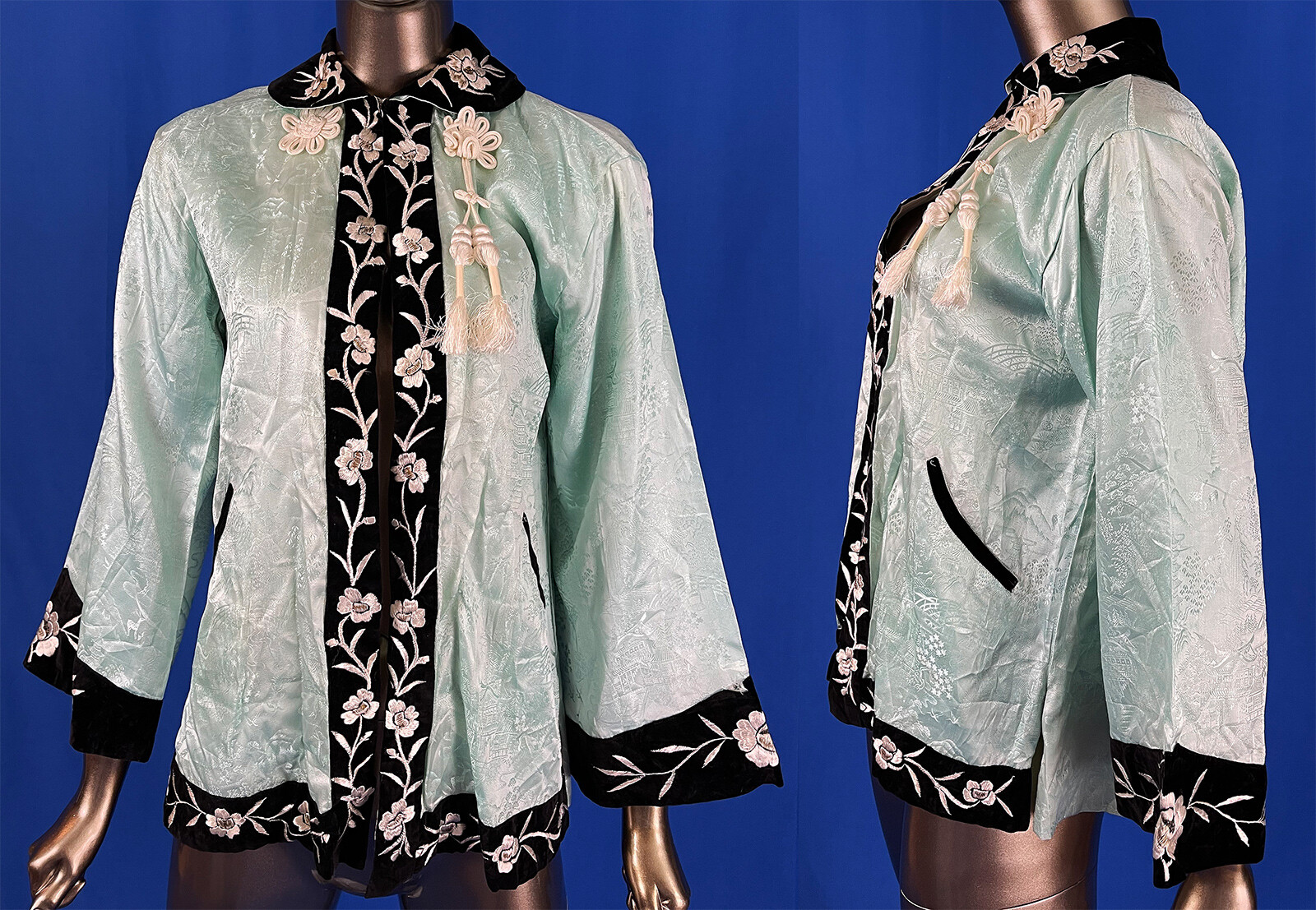 Vintage New Look Yokohama Sakaki Japanese Blue Embroidery Velvet Souvenir Jacket