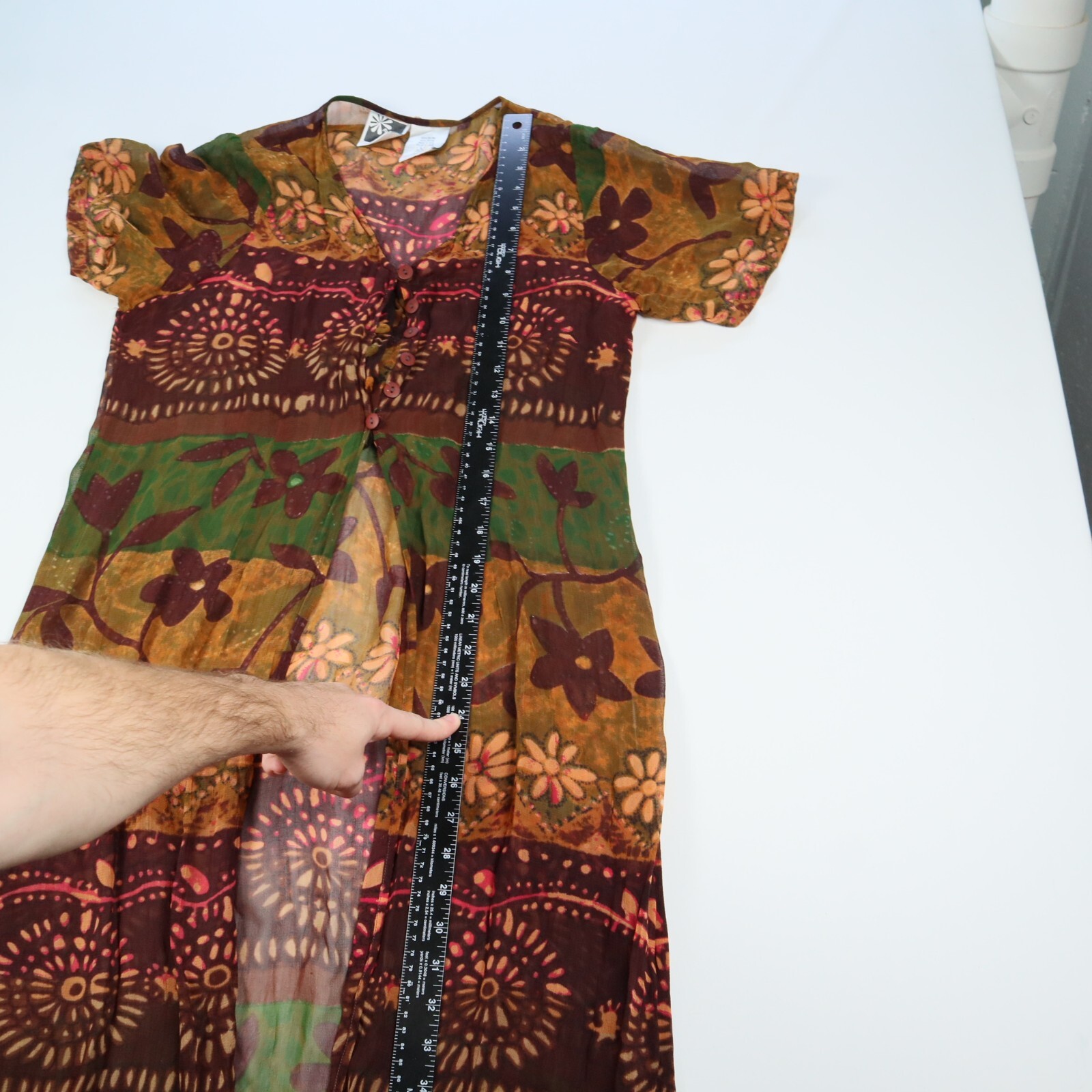 Vintage PHOOL Boho Sheer Chiffon Button-Down Dress Short Sleeve Size Large
