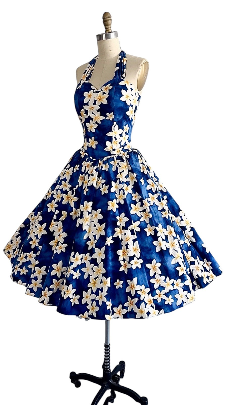 Vintage 1980s 1950s Style Blue Floral HAWAIIAN Pinup Dress Halter Top Sundress