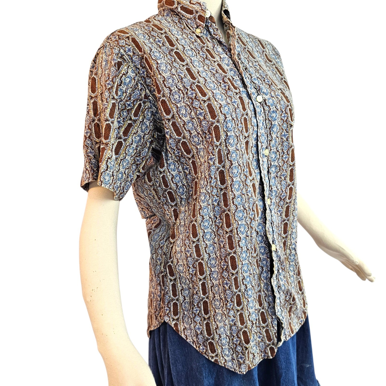 Vintage 1970s Blue Brown Pattern Short Sleeve Button Down Collared Retro Disco