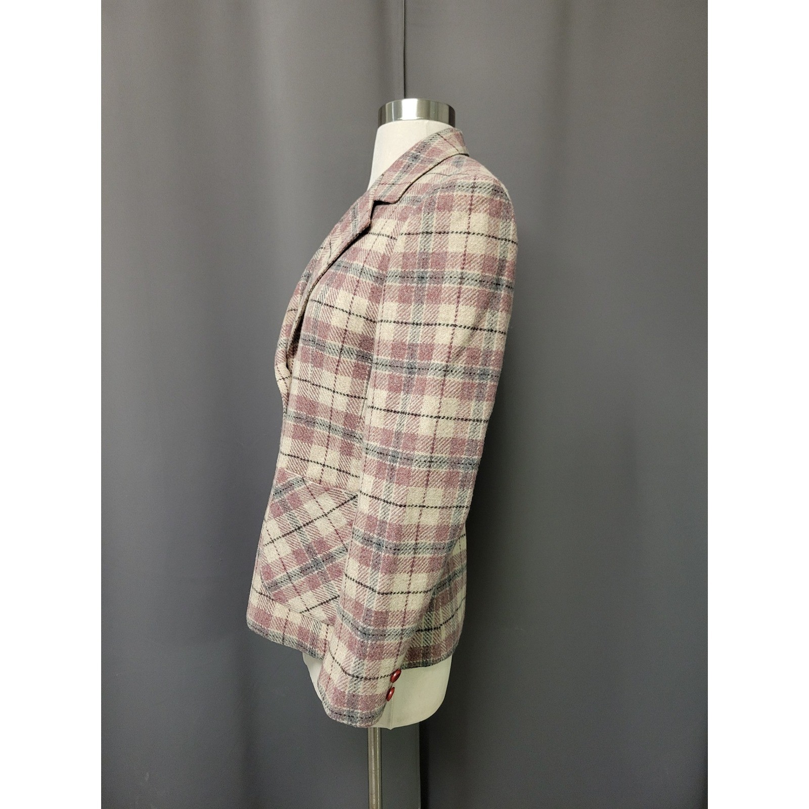 Prestige of Boston Blazer Pink Cream Plaid Wool Blend Vintage ILGWU Size 8