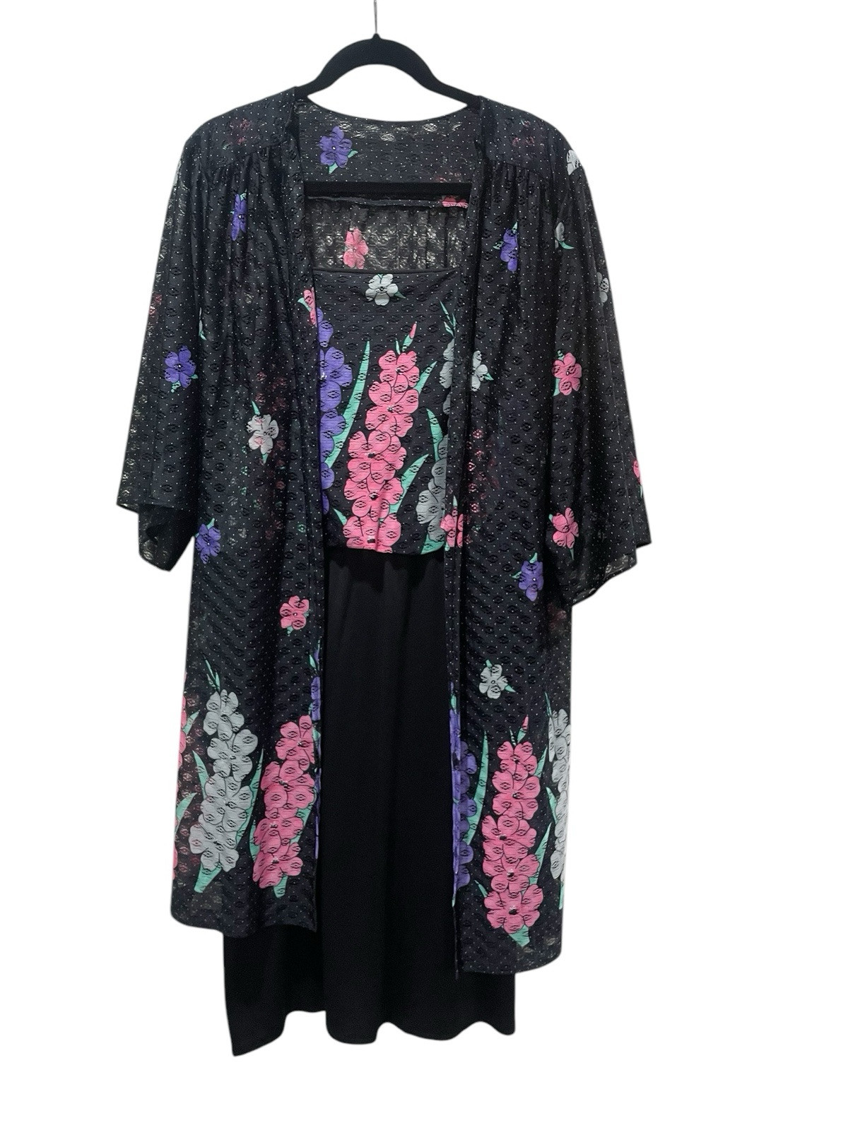 Vintage JC Penny Fashions Black Pink Purple Floral Blouson Dress & Duster Sz 40