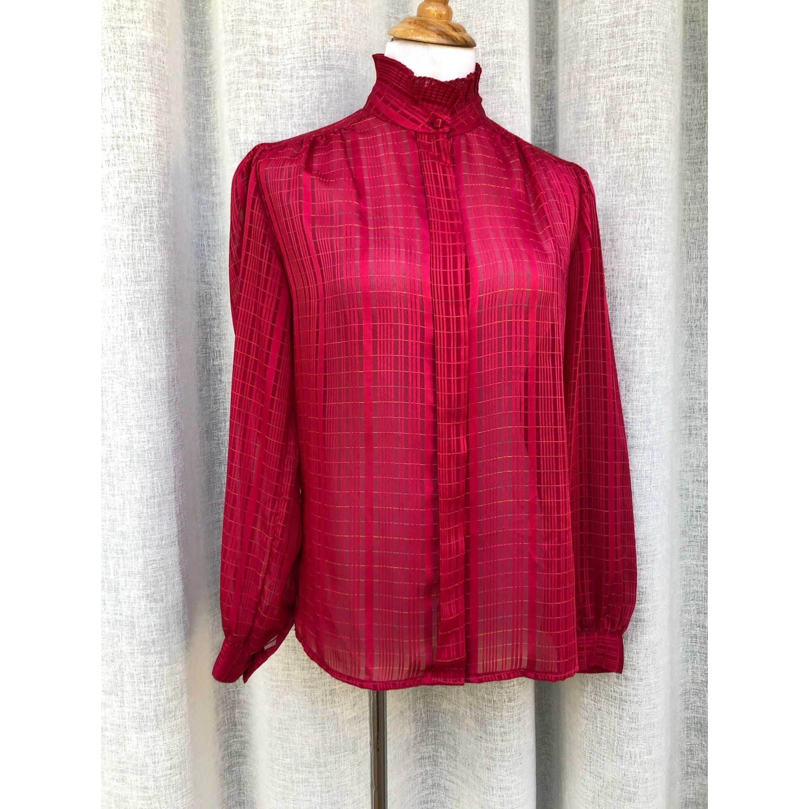 1980 bright red bright pink sheer stripes pleated collar blouse, size S