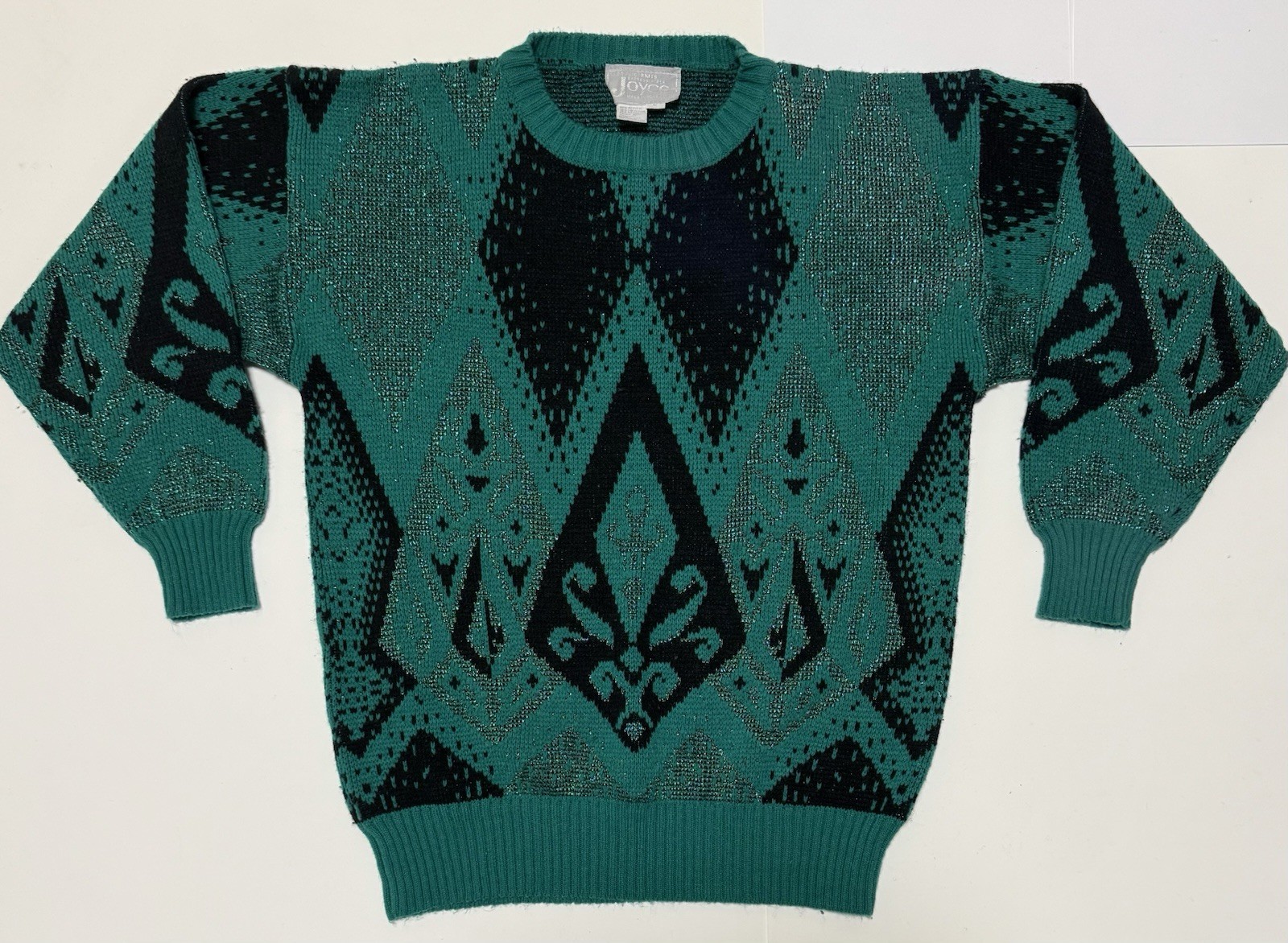 VTG Joyce Acrylic Knits Sweater Sz L Green Black Sparkle Clothing Geometric 80s