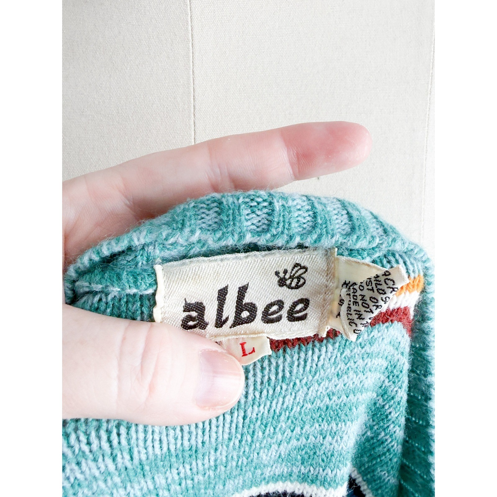 Albee Vintage 70s Knit Midi Dress Boho Striped Bell Sleeve L Teal Orange Retro