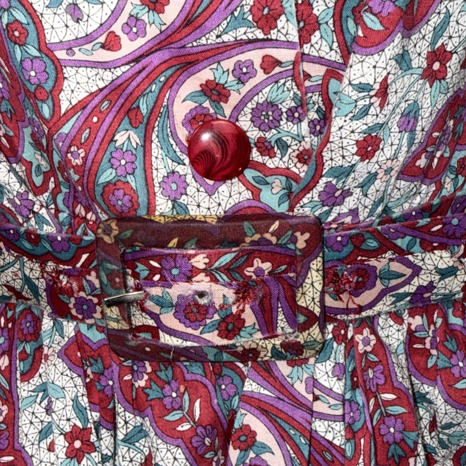 1950’s Handmade Cotton Shirt Dress Fit & Flare Paisley Pockets Medium Belted