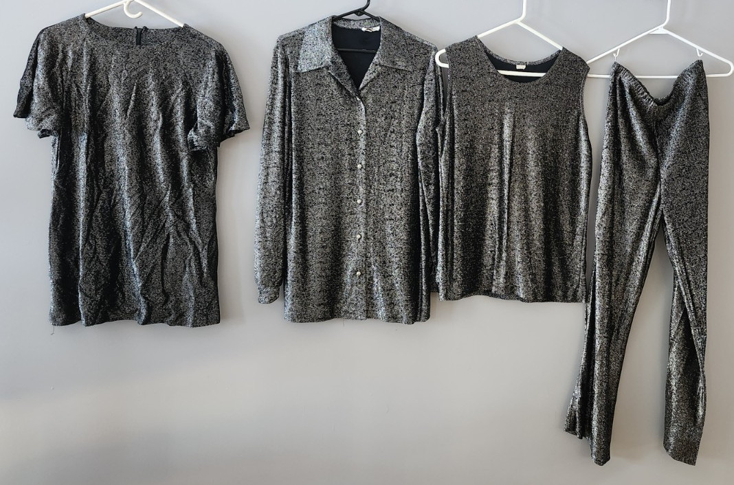 Vintage Montgomery Ward Black Silver Sparkle 3 Piece Pant Suit + Dress/Top
