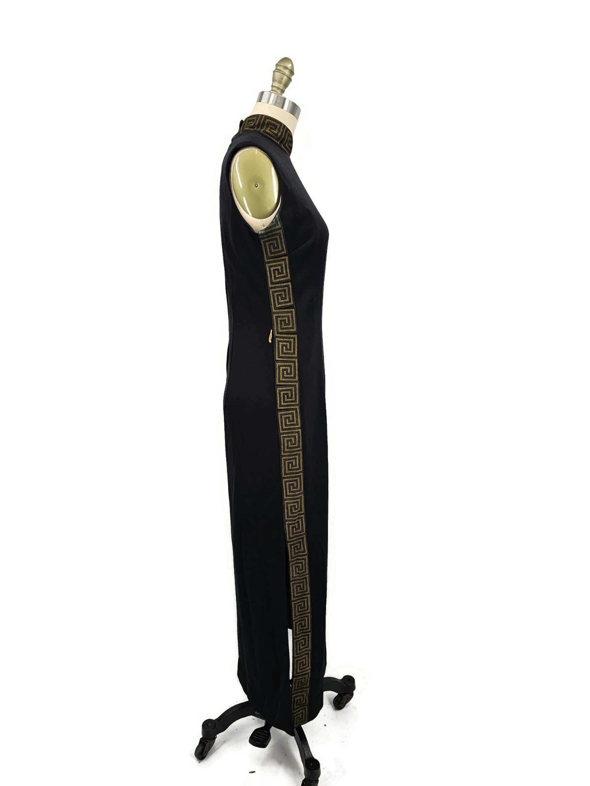 Vtg Alfred Shaheen Black Gold Cheongsam Dress Womens 10 Asian Inspired Slit