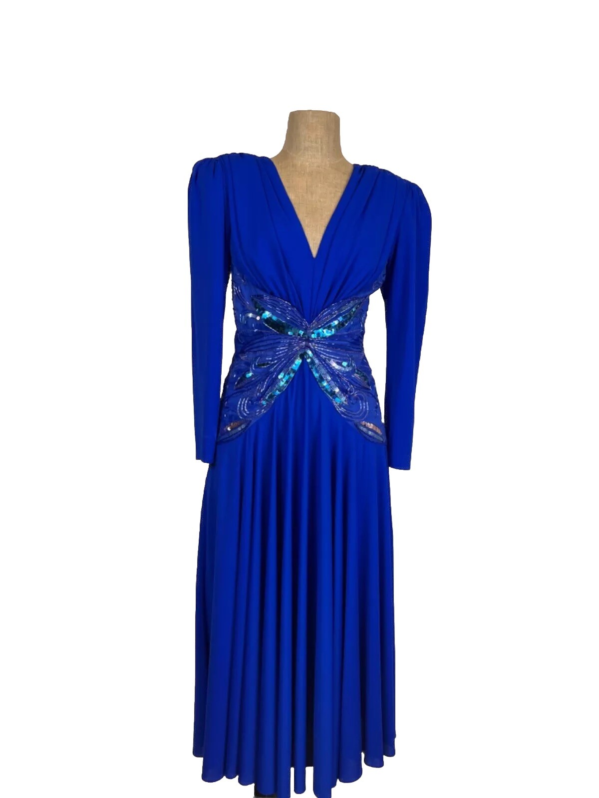 Casadei c1982 Blue Long Sleeve V Neck Beaded Waist Fit & Flair Midi Dress SZ 10