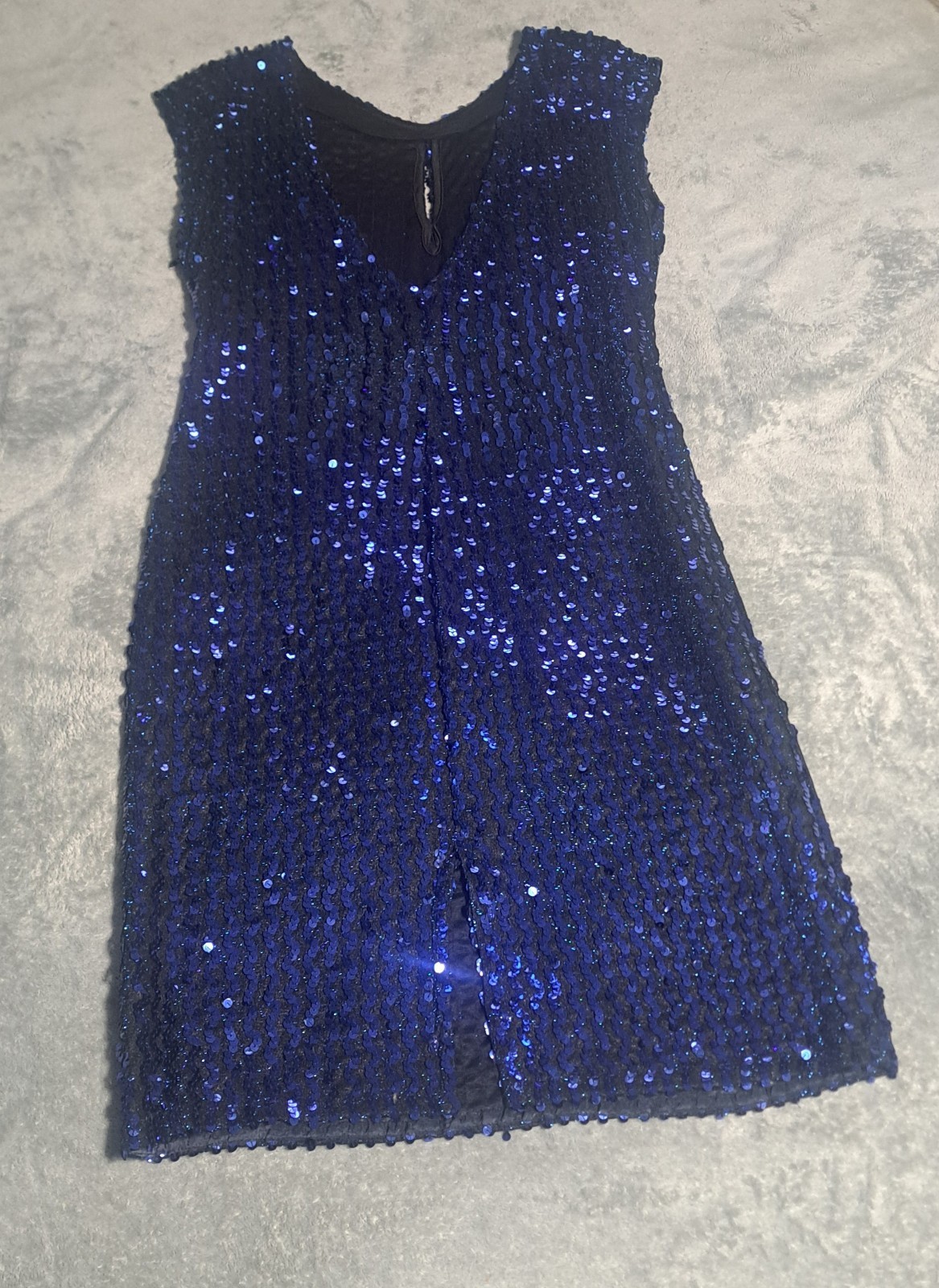 Vintage 1980’s Glenrob Blue And Black Sequin Midi Dress With Cutout On Chest