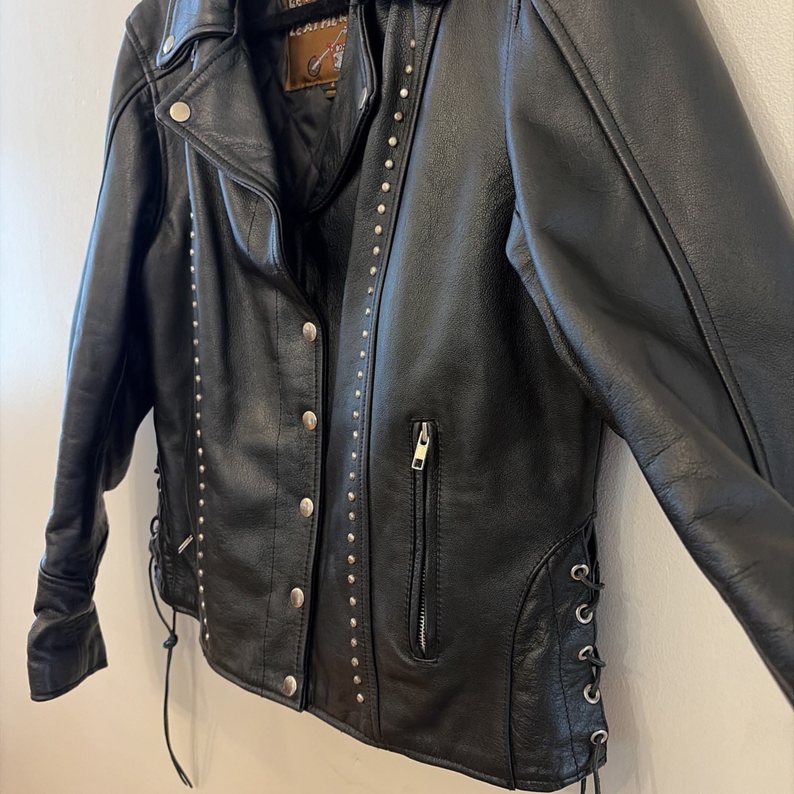 Vintage Beavers Den Womens Sz L Jacket Genuine Leather Biker studded Motorcycle