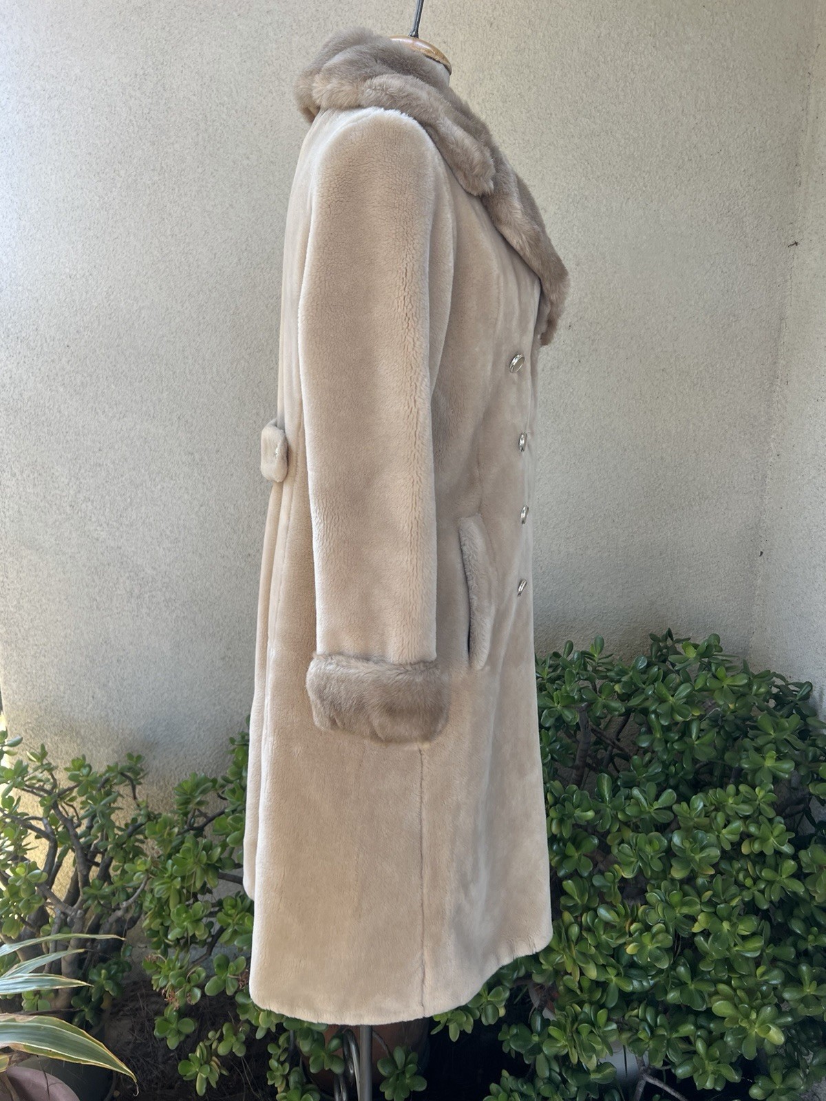 Vtg Winter Faux Fur Coat Cream Taupe Pockets S/M Borgana Betty Rose