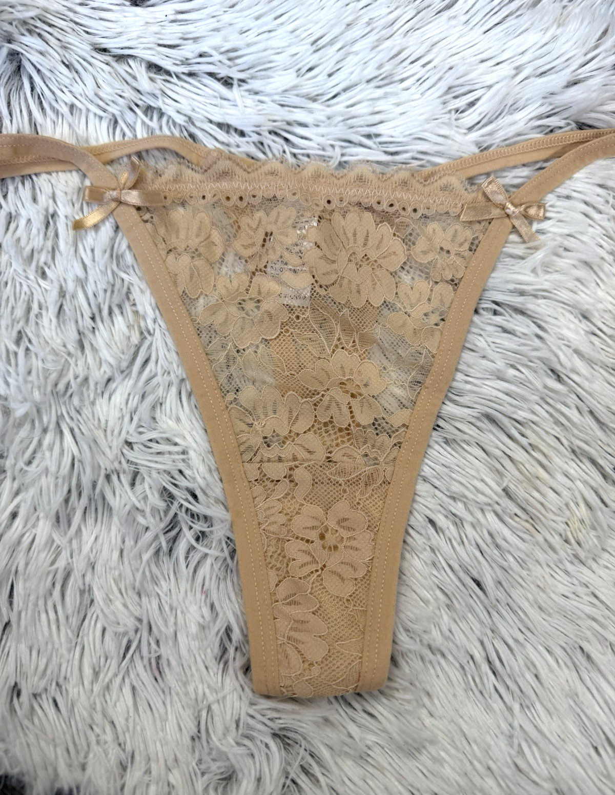 Women’s Lace Sz Small Thong String Panties floral brown Underwear w/ Bows