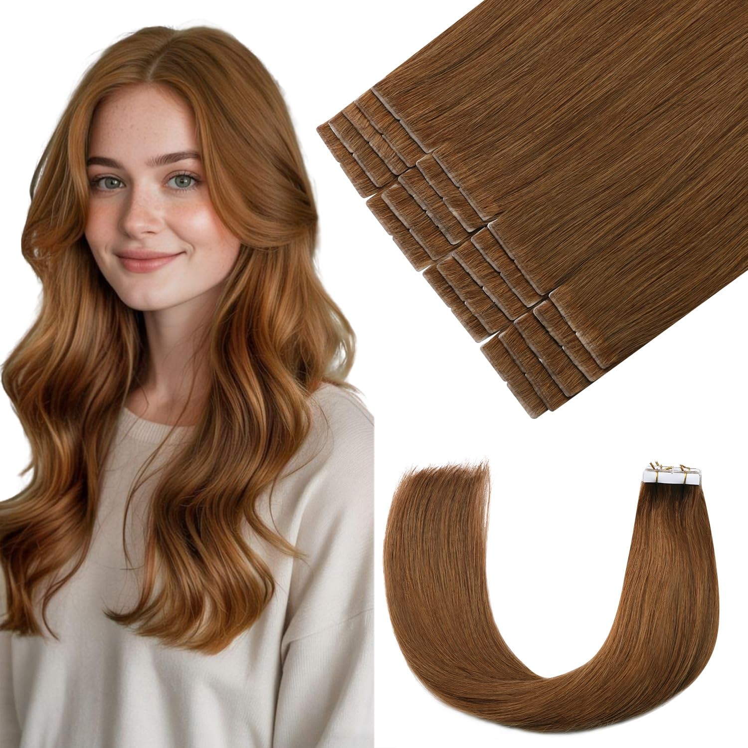 Pinkpearl 20pcs 16in Human Hair Tape-In Extensions Auburn #33 Seamless Remy Stra