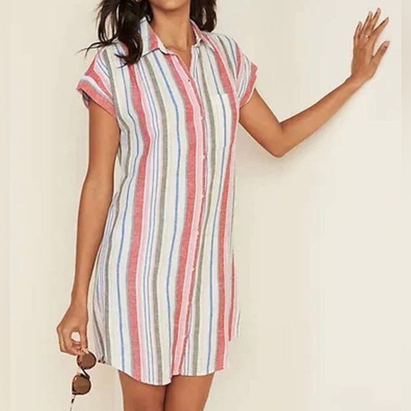 Old Navy Striped Linen Blend Button Front Shirt Dress XL Short Sleeve