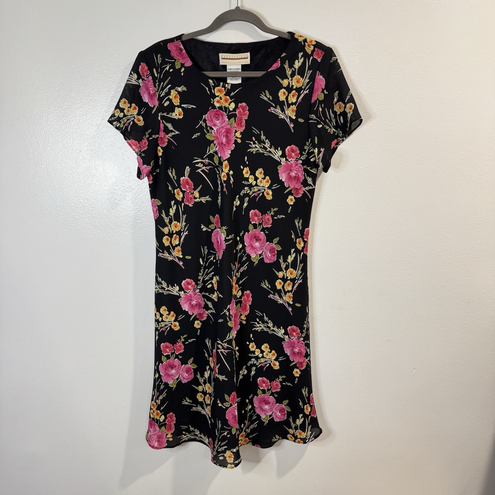 Vintage 90s Shirt Dress Expressions XL Black Pink Oversized Floral Chiffon Swing