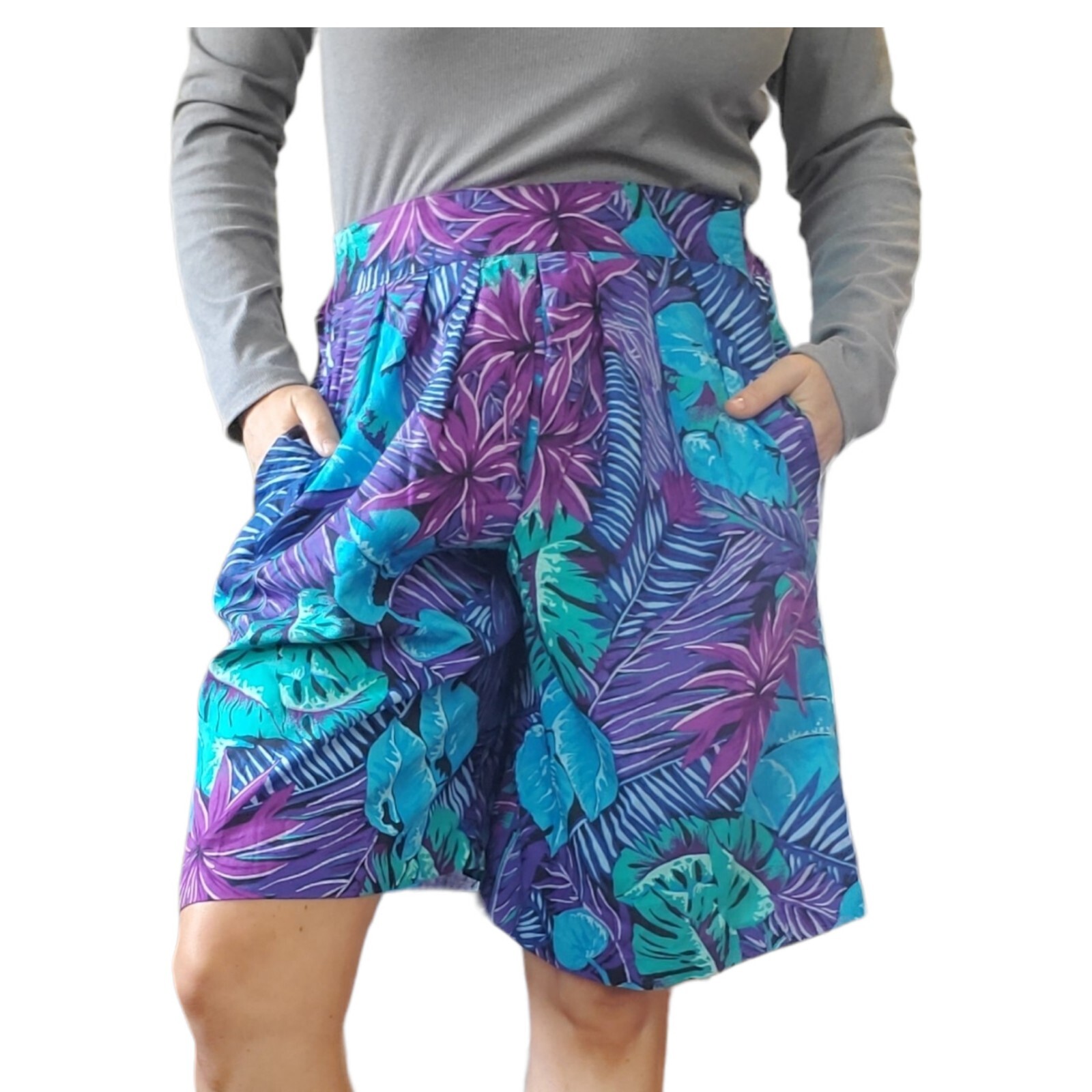 VTG Tropical Shorts Pleated Sz S Hawaiian Purple Blue Teal High Waist 80s Boho