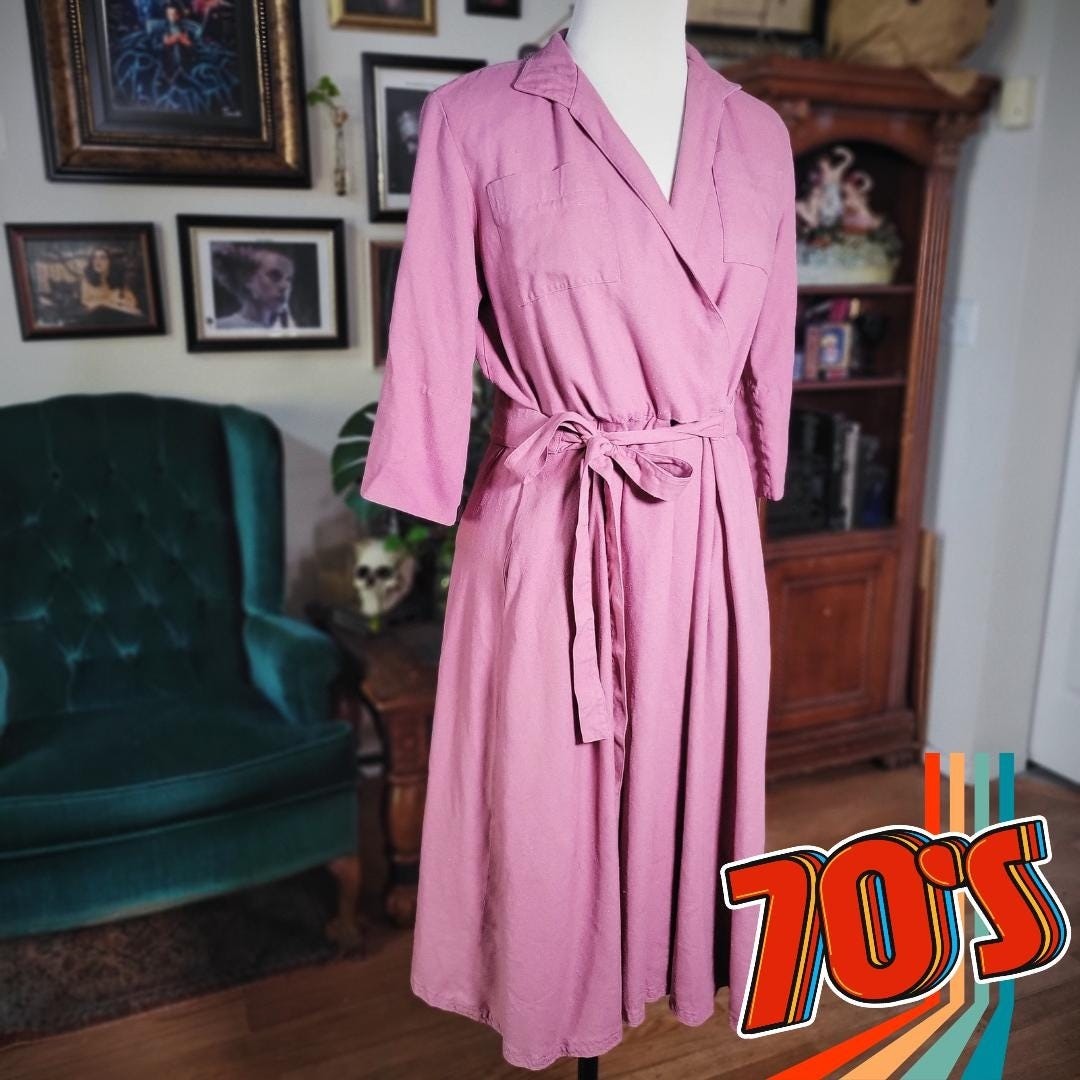 Norm Thompson Wrap Dress Vintage 70s Womens Pink Collared Retro Boho S/M