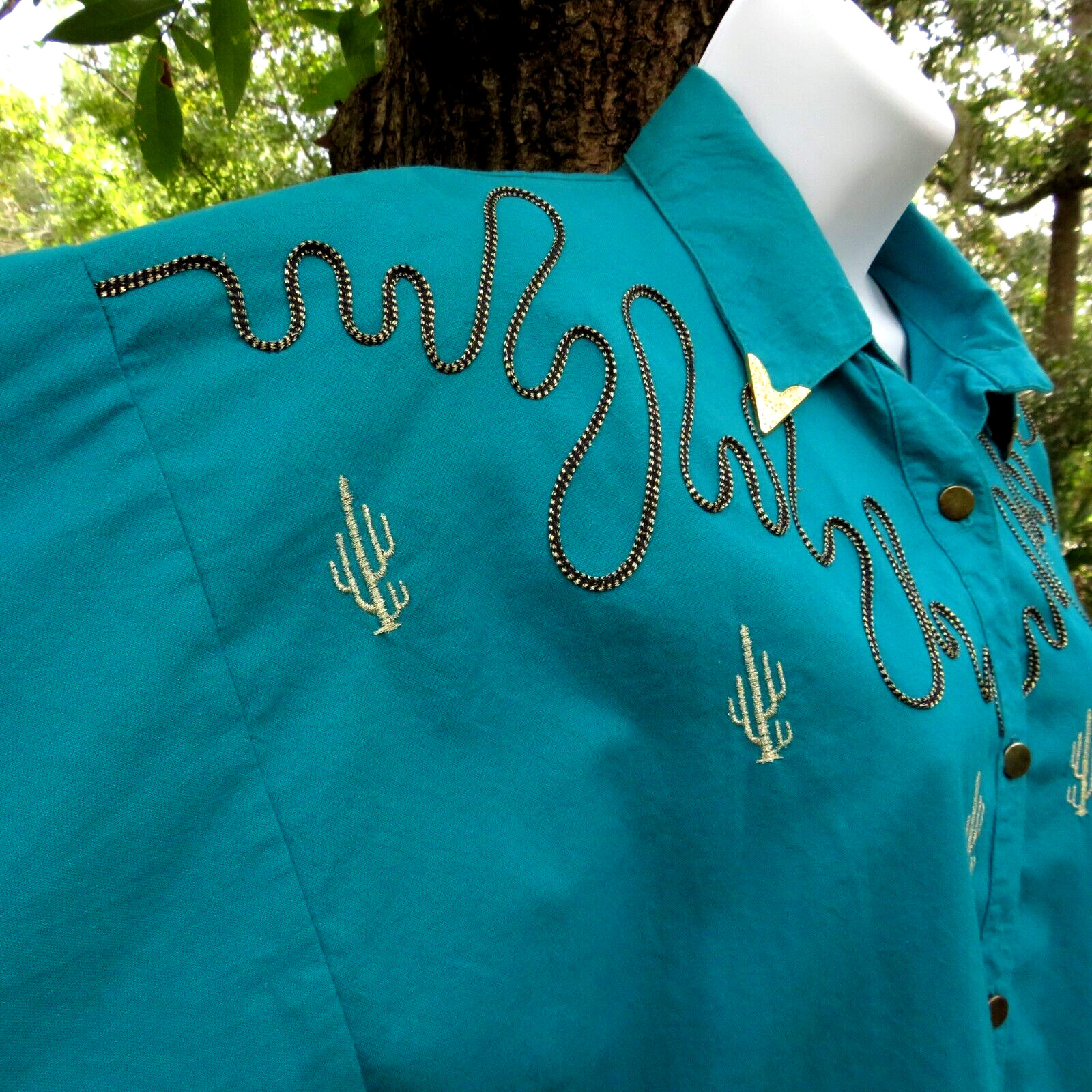 Vintage Lilia Smith Western Cactus Theme Long sleeved Teal Shirt Small Made USA
