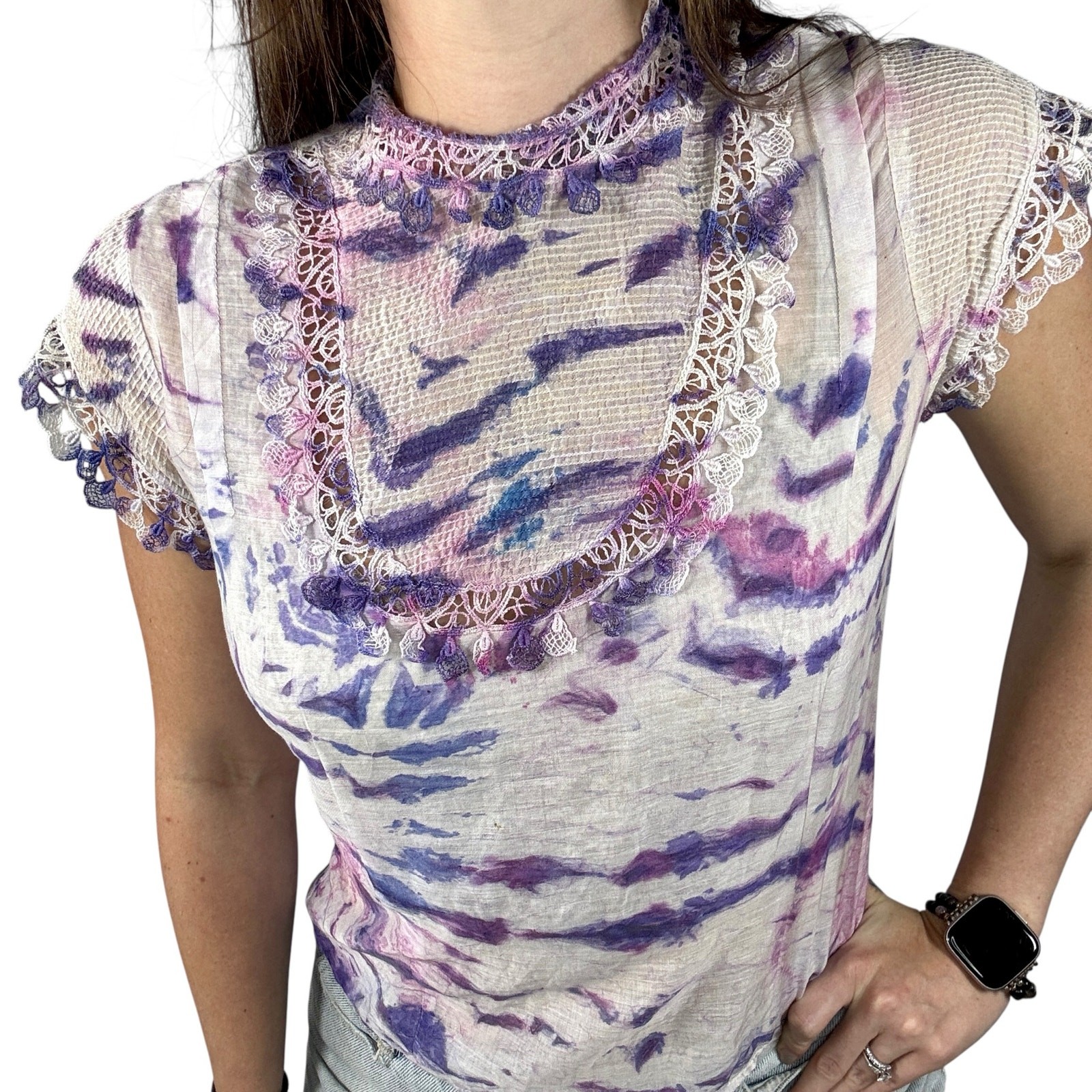 Antique 1940s Hand Dyed Shibori Silk Cotton Blouse Lace Micropleated Purple Blue
