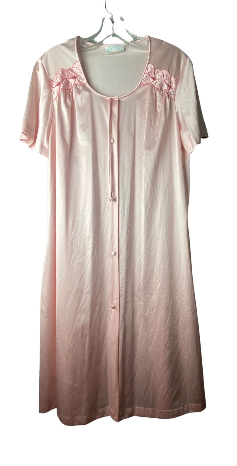VTG Jolie Two Peignoir Nylon Silky Shiny Pink Sheer Flowers Embroidered MED