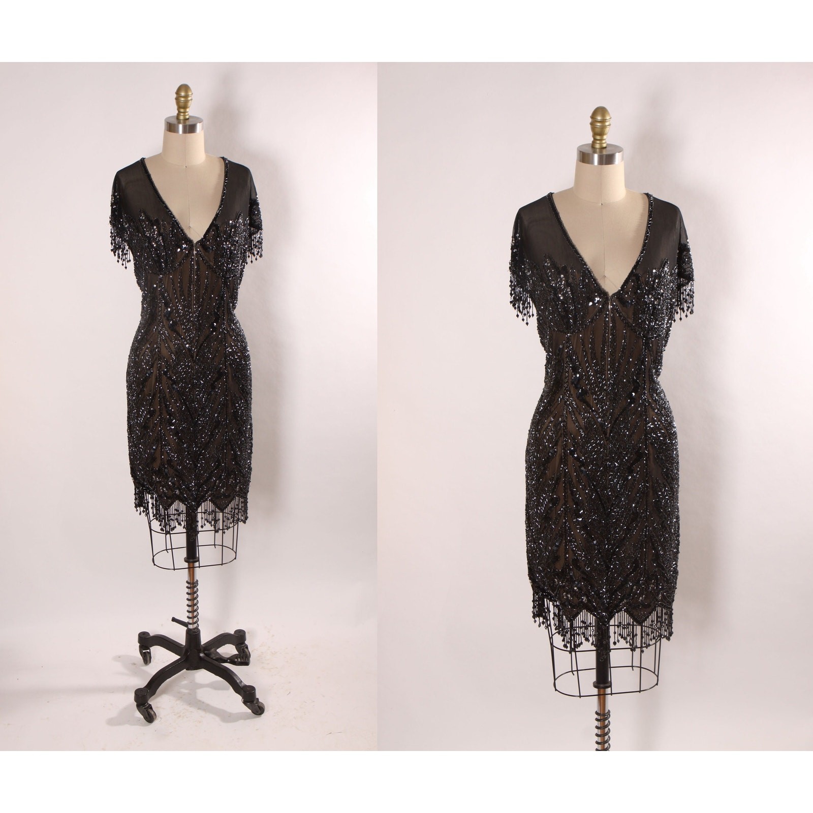 1980s 1990s Black Sequin Beaded Fringe Flapper Style Dress by Peak Evenings
