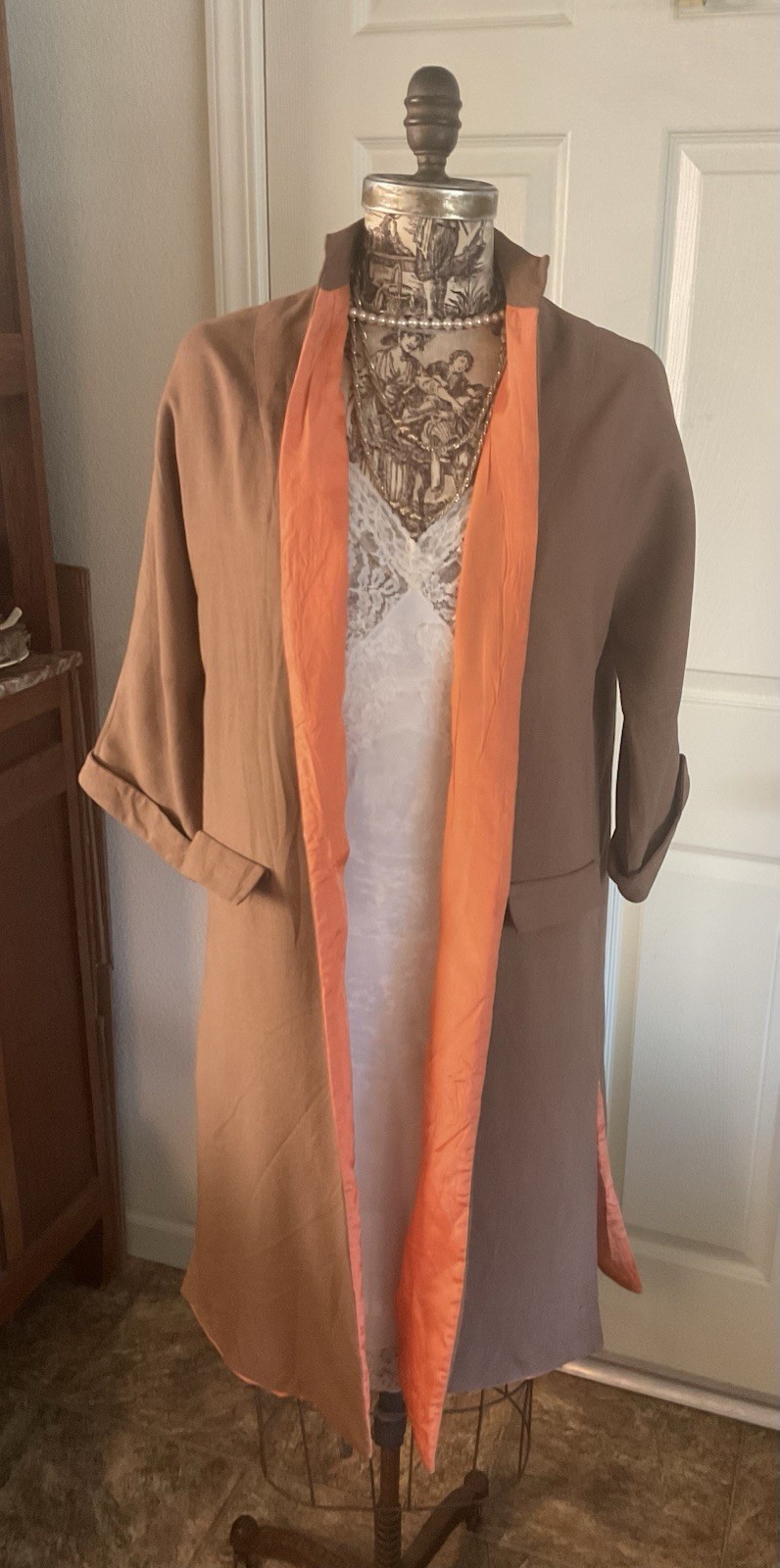 Vintage 1950 FALL AUTUMN DUSTER COAT Brown Linen Orange Lining M