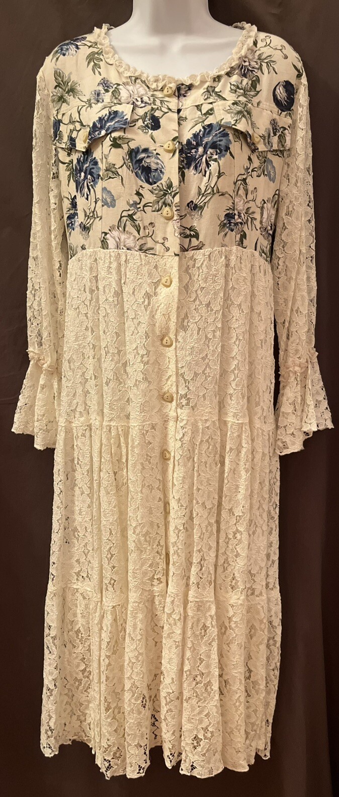 VTG Yen Club Cottage Hippie Peasant Floral Cotton Lace Babydoll Maxi Dress M/L