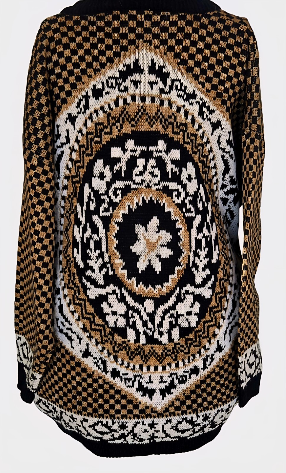 1980s GLADYS BAGLEY Metallic Gold And Black Checkerboard Cardigan Sweater Size M