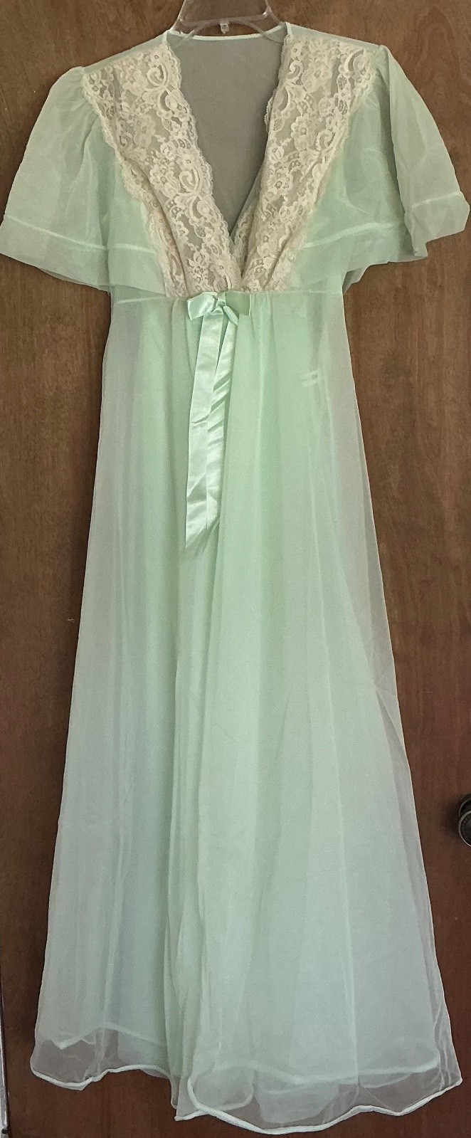 VTG Shadowline Peignoir Set Mint Green Nylon Chiffon Nightgown Gown Robe Lace S