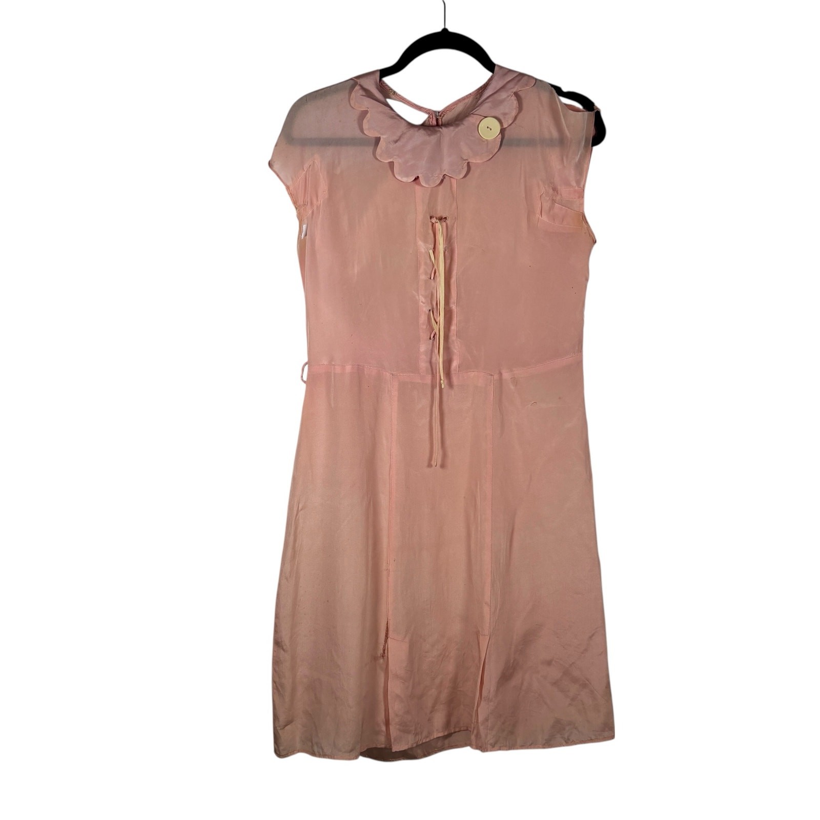 Vintage 1920s Pink Silk Dress Scalloped Petal Collar False Corset Wounded Bird