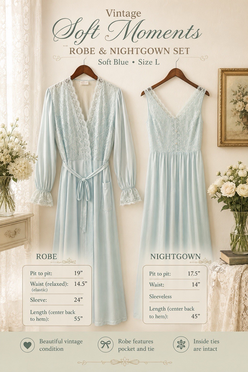 VTG Soft Moments Peignoir Set Blue Lace Robe & Nightgown Large USA Honeymoon