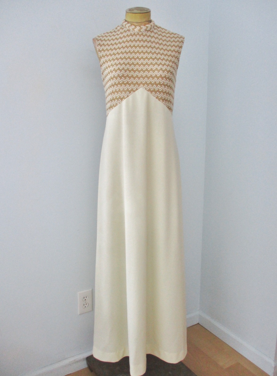Vtg 60s 70s Cream Sparkly Gold ZigZag Knit 2-Pc Maxi Dress Gown Jacket Suit S/M