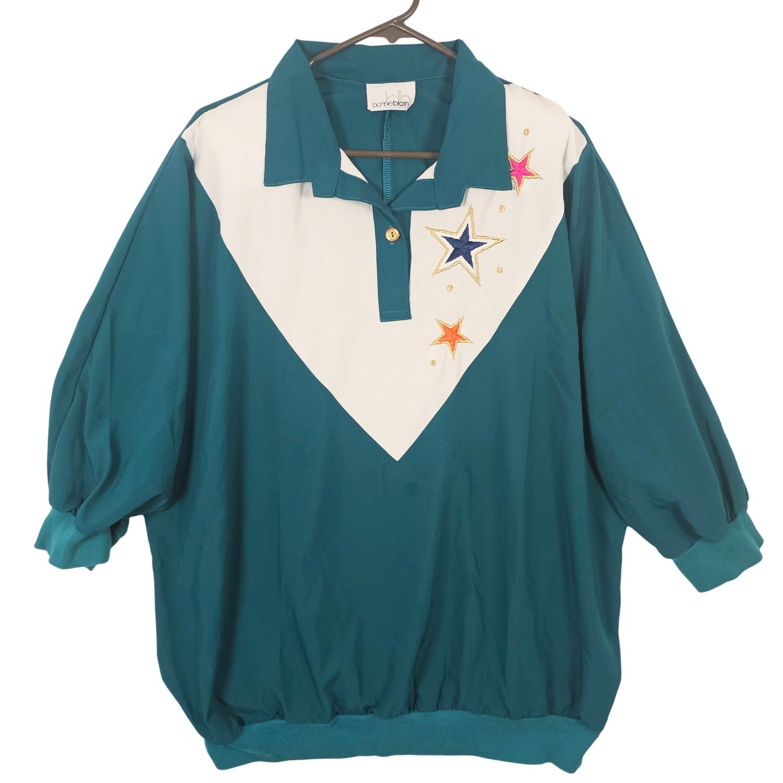 Vintage Bonnie Blain Teal White Colorblock Star Embroidered Pullover Blouse 80s