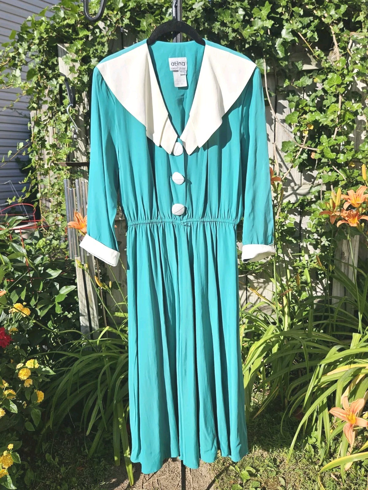 Vintage 1980s Kelly Green White Clown Notch Collar New Wave Button Midi Dress M