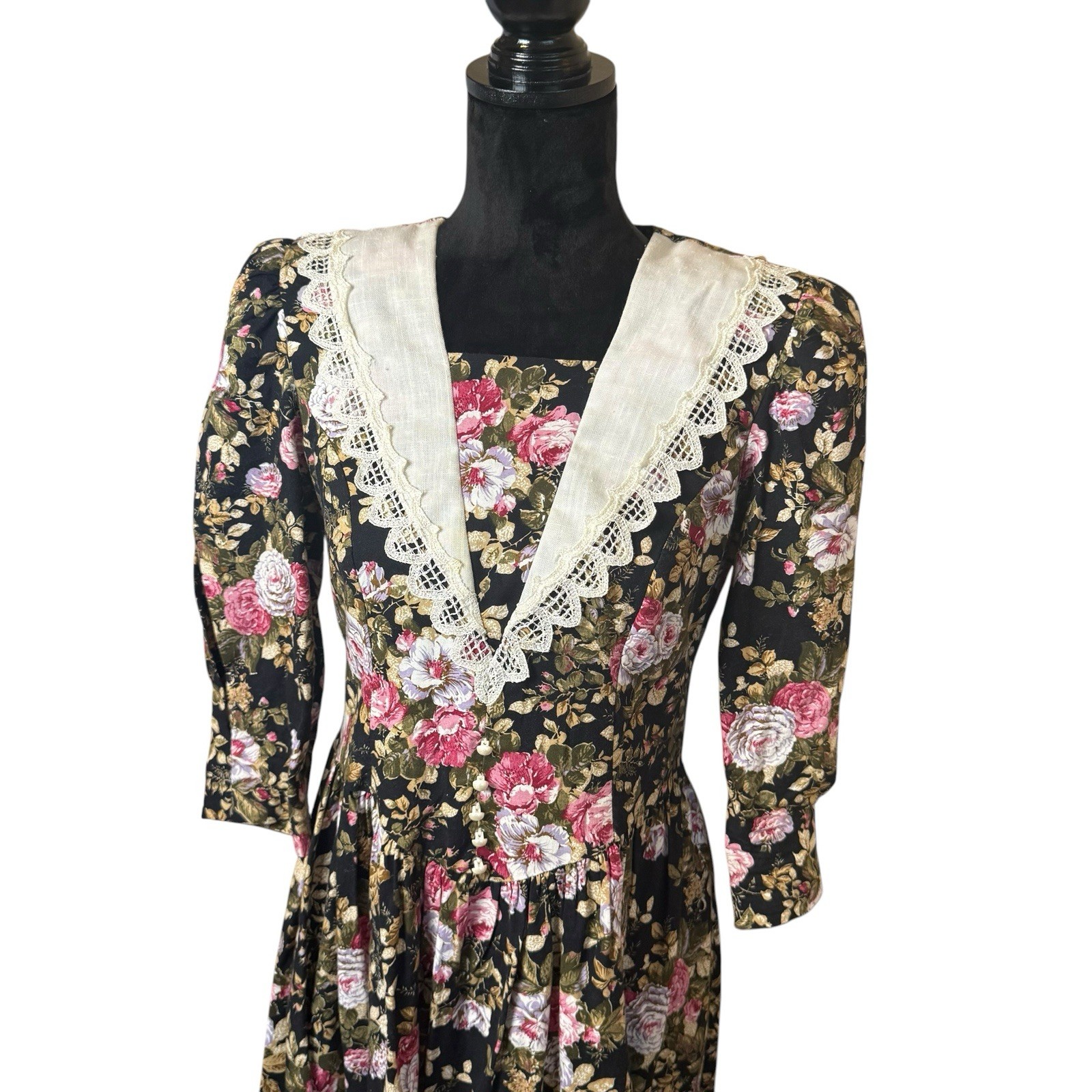 Vintage 80s Dark Cottagecore Black Floral Midi Dress Size Large Lace Prairie
