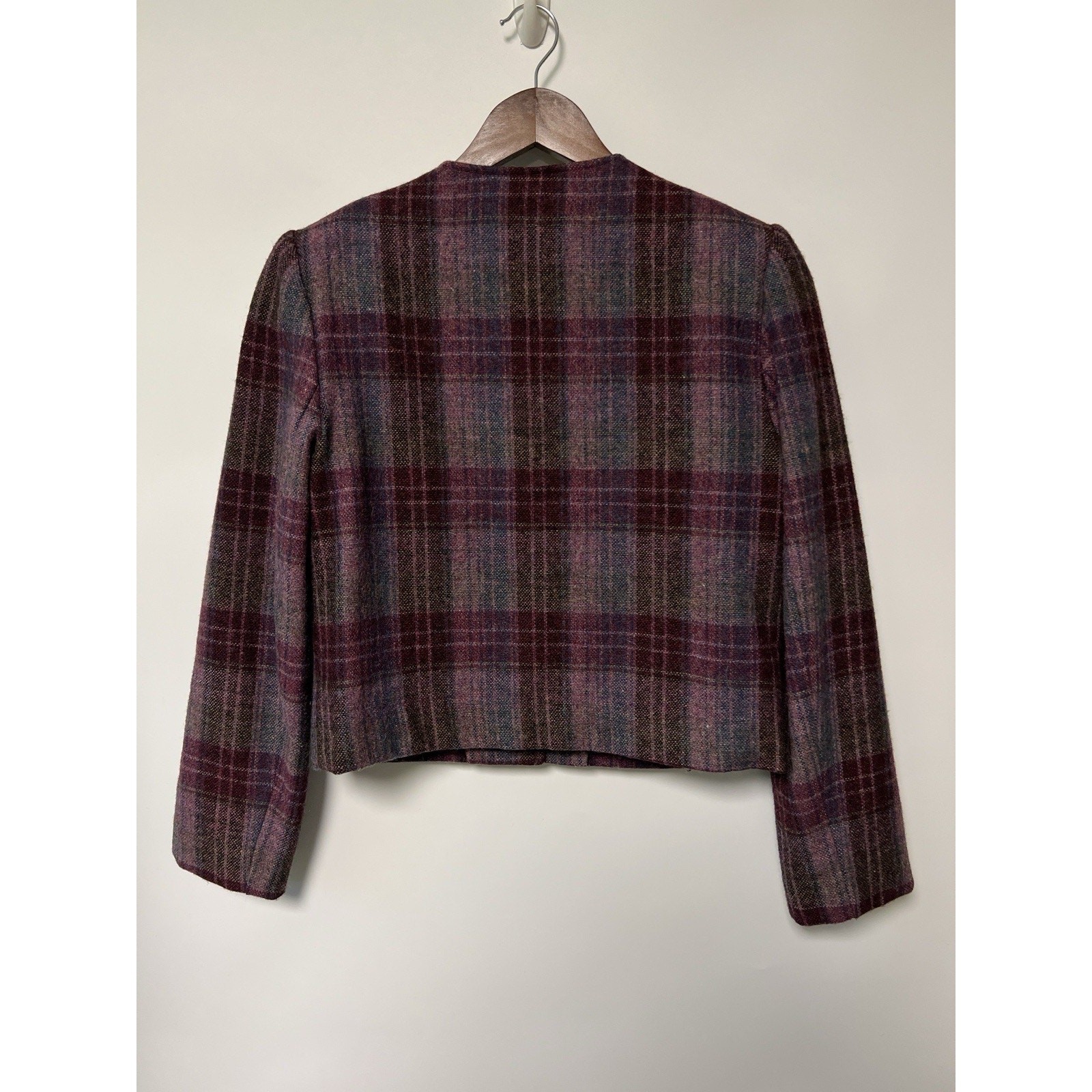 70s Purple Plaid Tweed Wool Blazer Suit Jacket Midi Skirt Size 6 Dark Academia