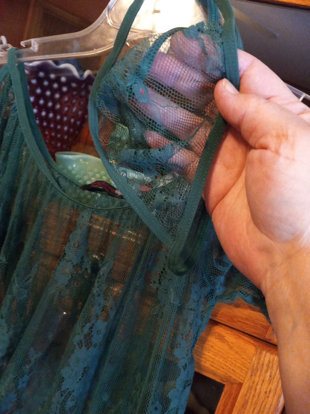 2 Piece Lingerie NOS Green Lace Nighty & G String Panty Panties See Through S