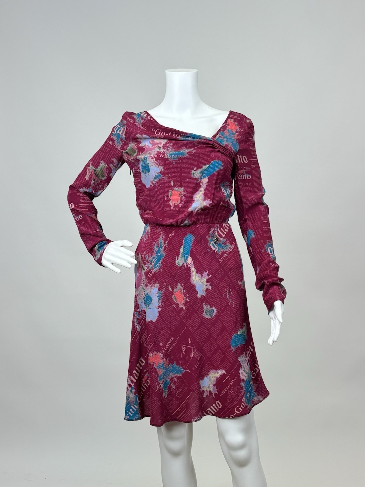 Vintage Rare Galliano Pink and Blue Newsprint Long sleeve Dress Sheer 100% Silk