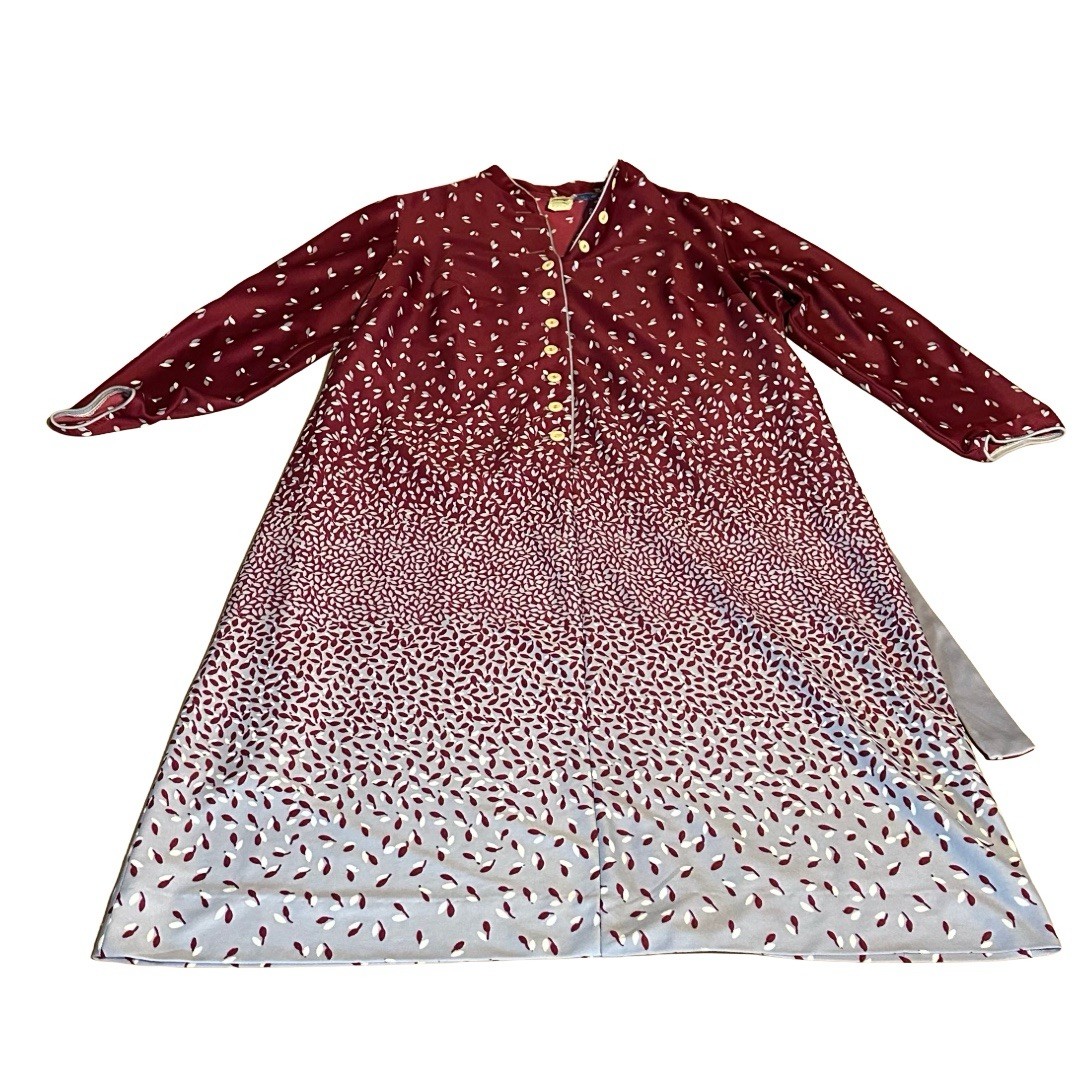 VINTAGE 1980’S LORAC BURGUNDY & GRAY LEAF PRINT SHIRT DRESS SIZE XL