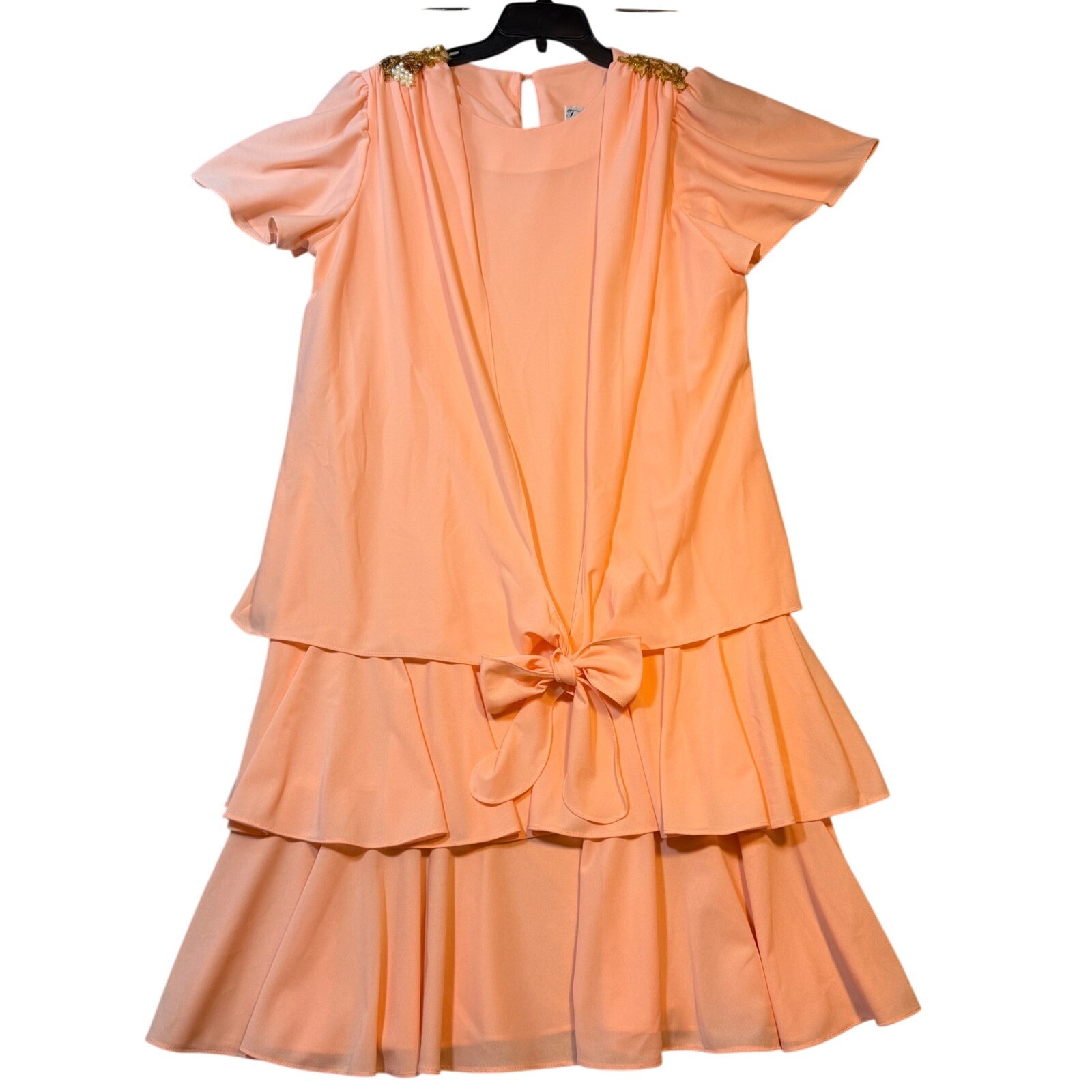Vintage 80s Peach Drop Waist Tiered Ruffle Dress Beaded Pearl Shoulder Peach 18