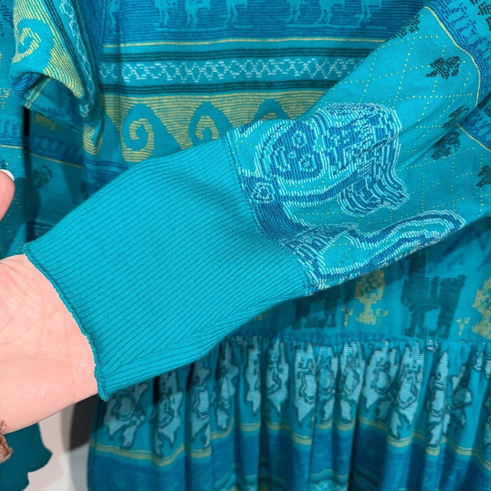 Vintage Christian de Castelnau Teal Cotton Maxi Sweatshirt Dress M Folk USA