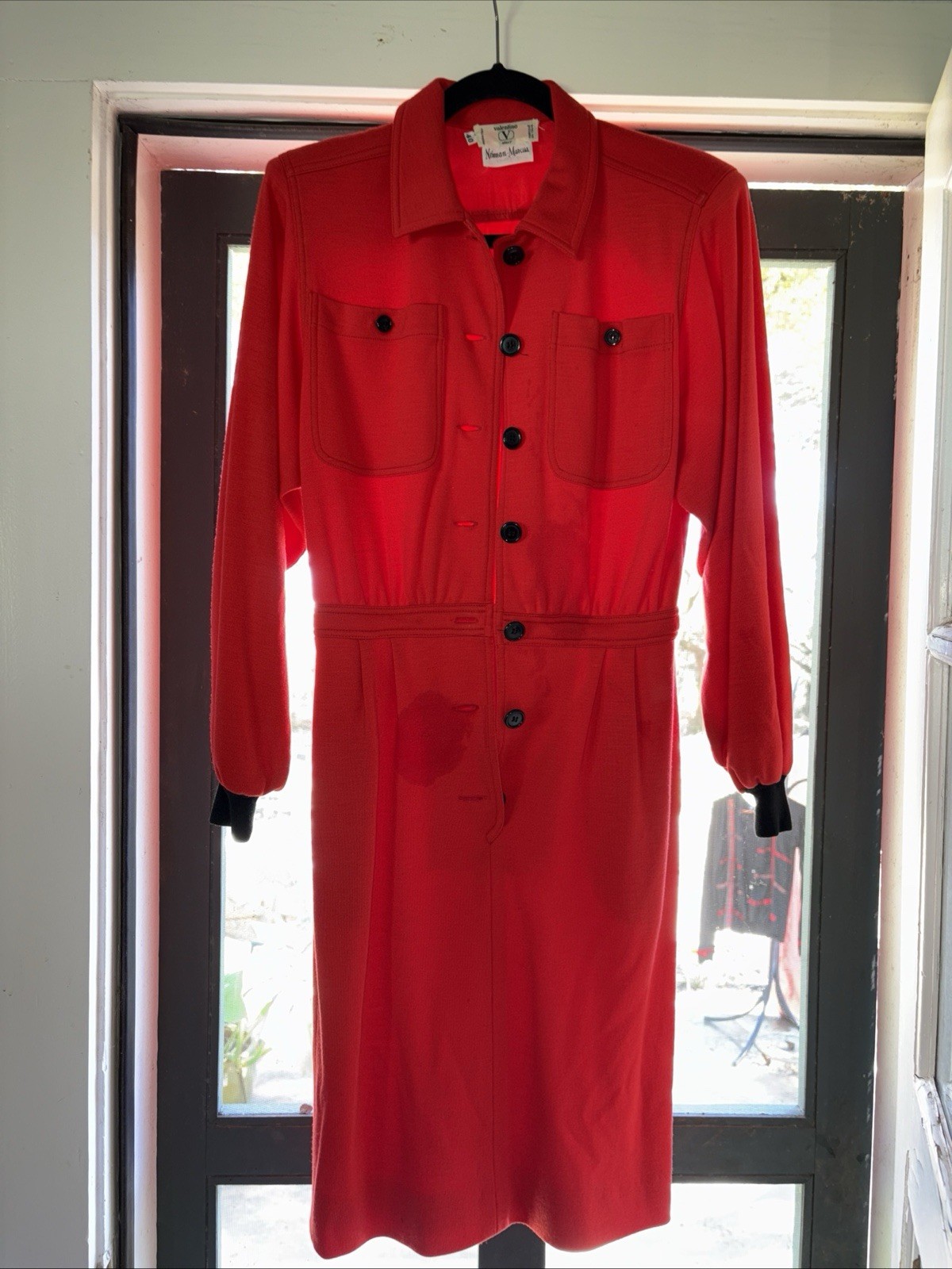 Vtg 80’s Valentino Miss V Dress Sz 6 42 Red Wool Long Sleeve Utility Dress Shirt