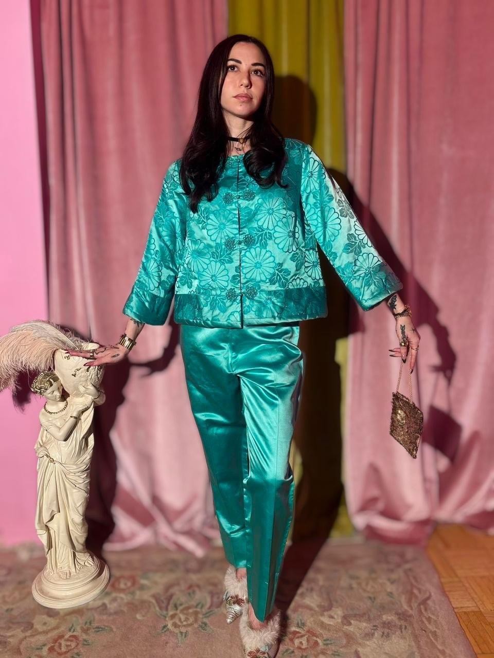1960s Dynasty Hong Kong Jade Satin Pant Set With Floral Embroidery, Size S