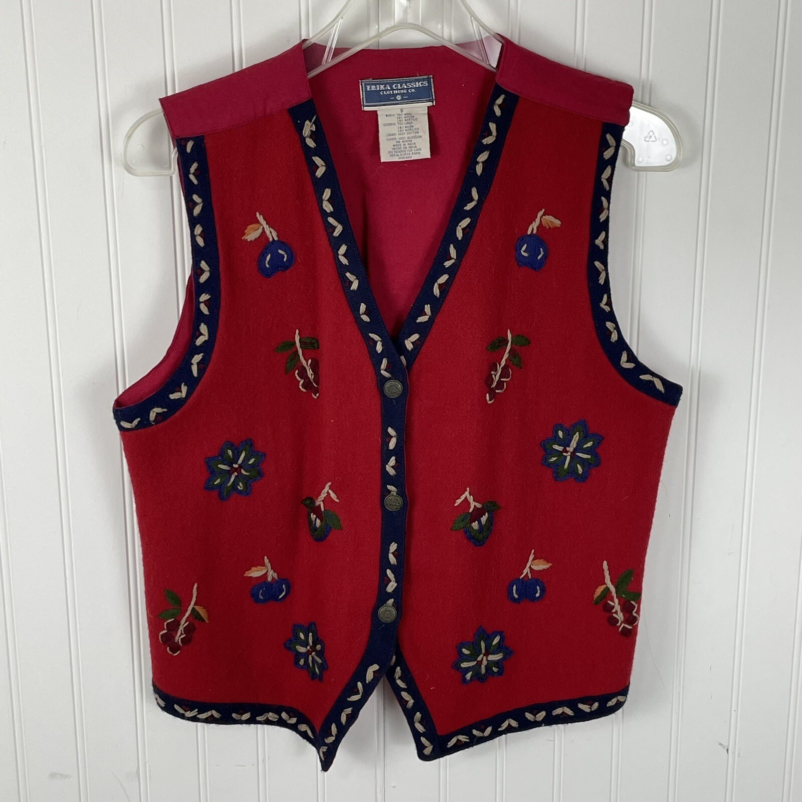Vintage Erica Classics Womens Felted Wool Bavarian Style Vest Red Size Small