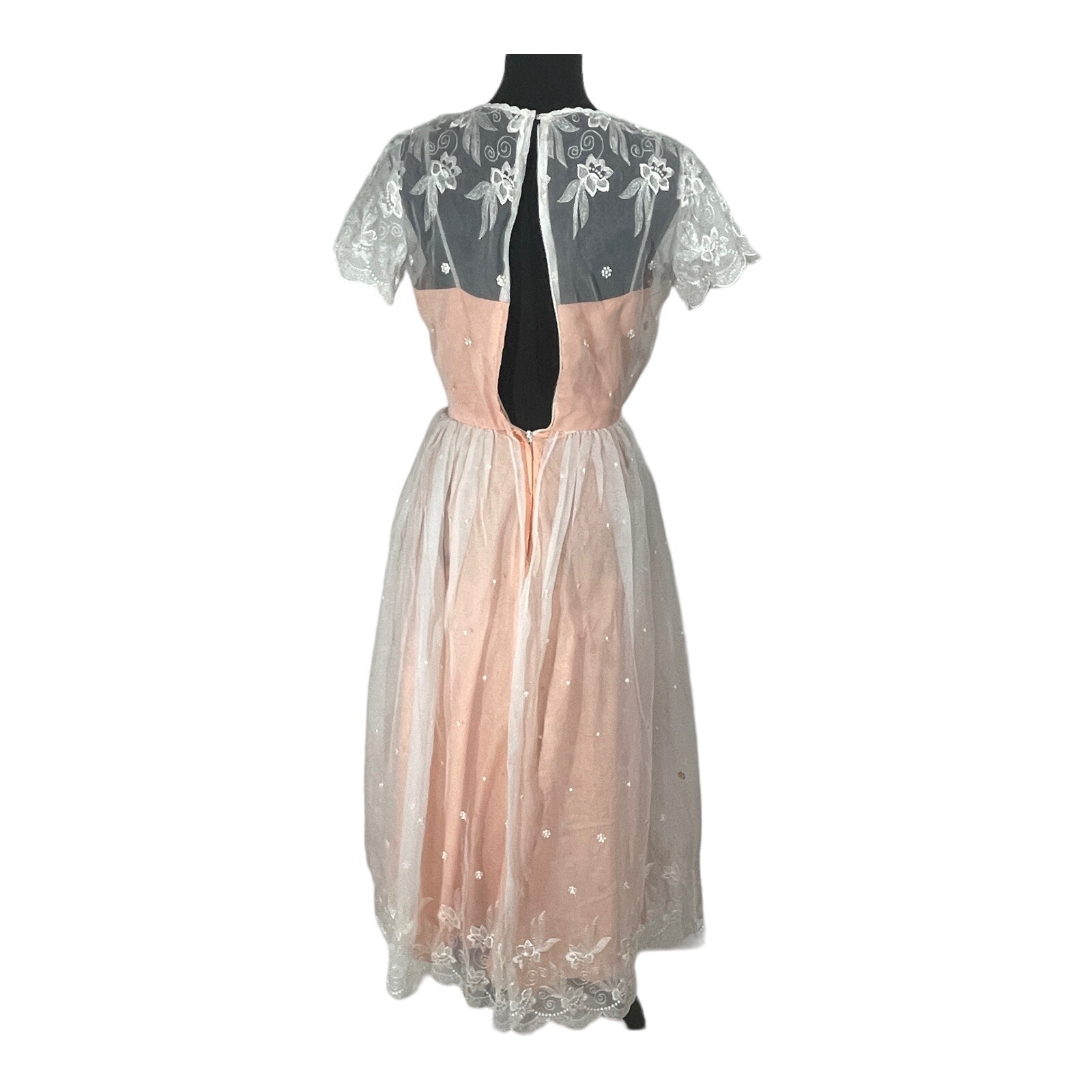 VTG 70s Party Tea Dress Women 5/6 Bridesmaid Chiffon Peach White Easter Prom