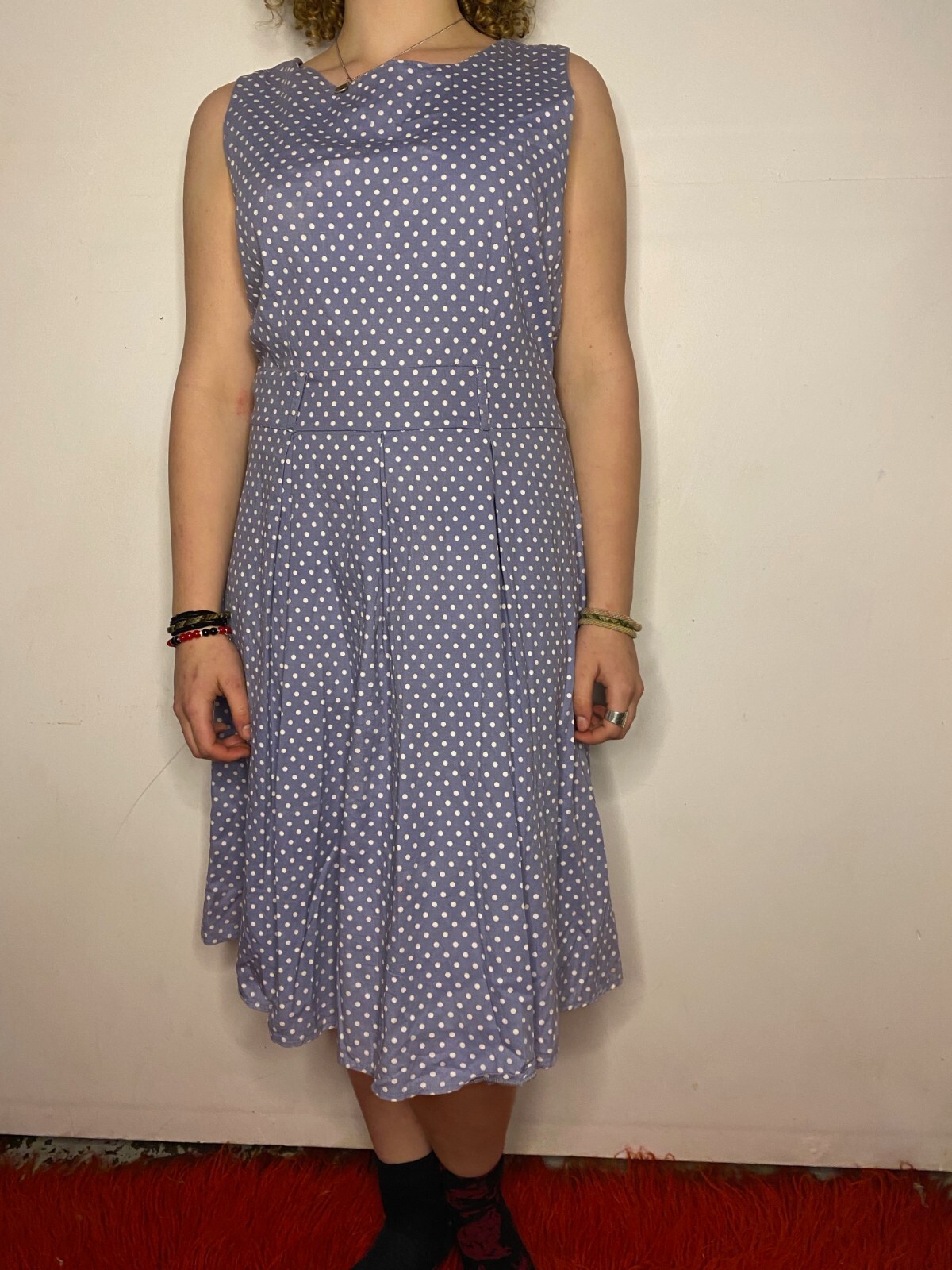 Vintage 1980s Pale Blue Polka Dot Box Pleat Party Sun Dress AU 14