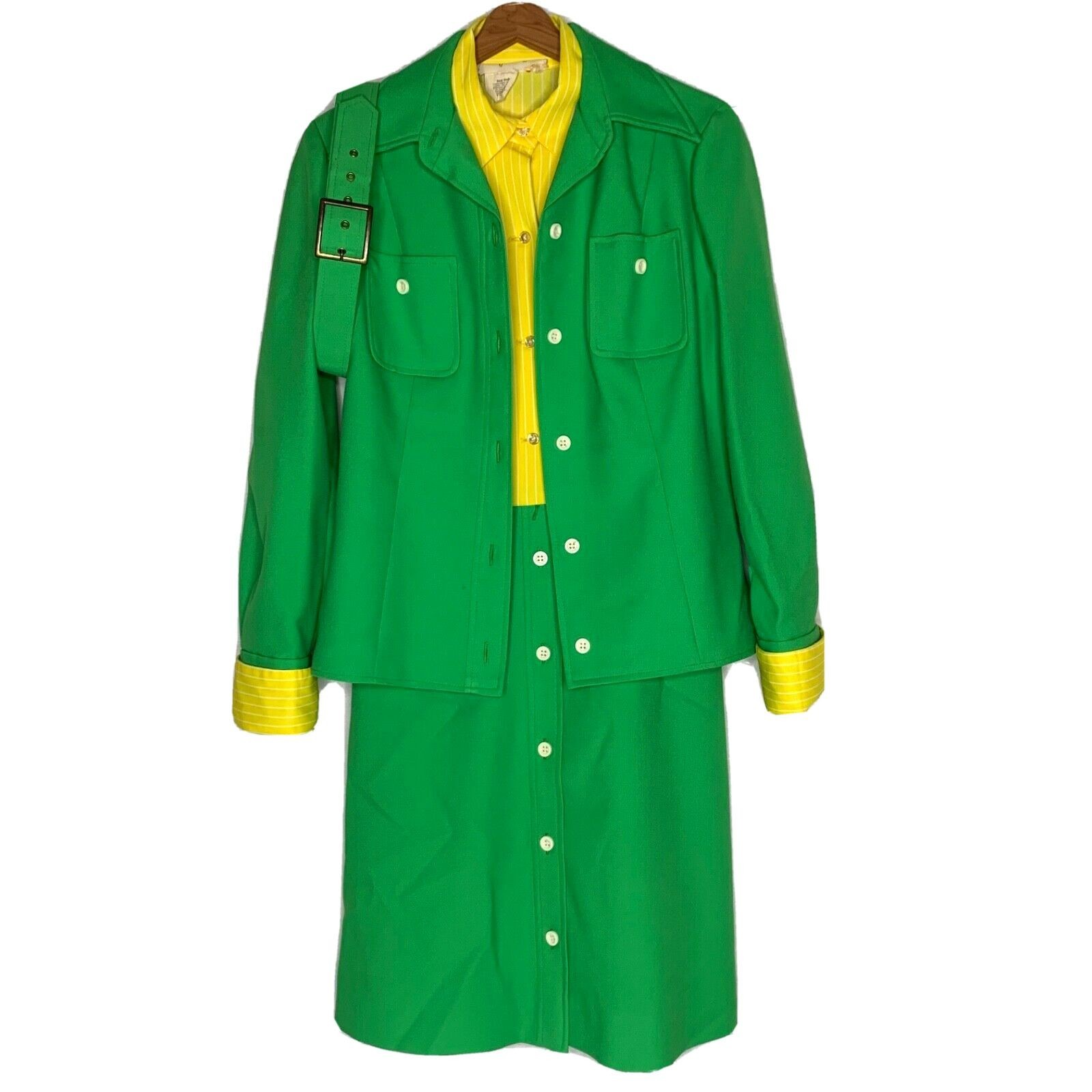 Vintage 1960s California Girl Size 12 Dress Green Mod Stripe Yellow Jacket Set