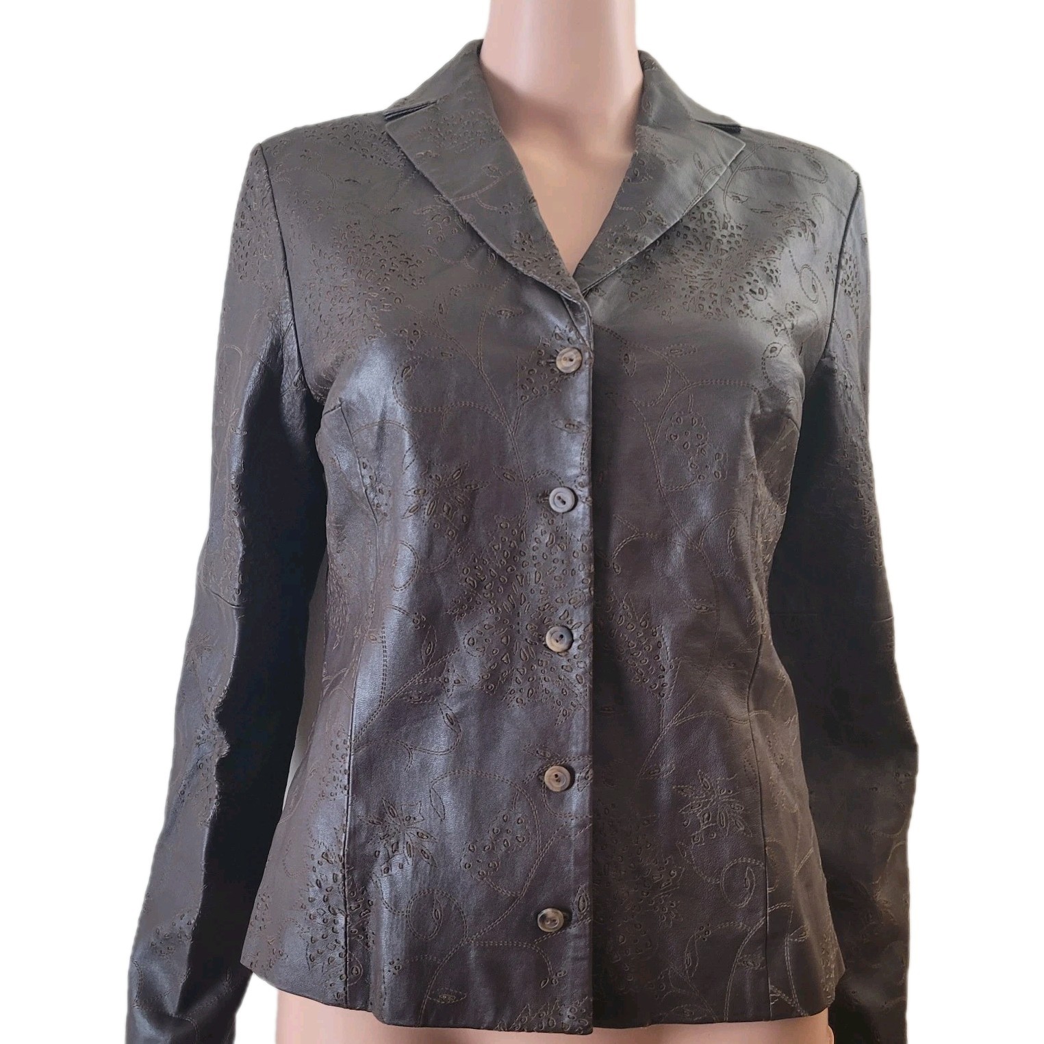 Vintage Worth Brown Leather Blazer Jacket, Women’s 10, Embroidered Etched Floral